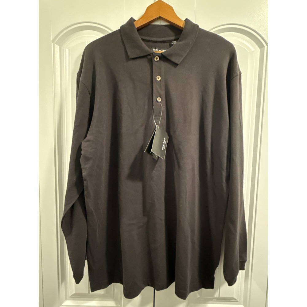 UltraClub Mens Classic Polo Long Sleeve Shirt Black 100% Cotton‎ 8532 Large NWT